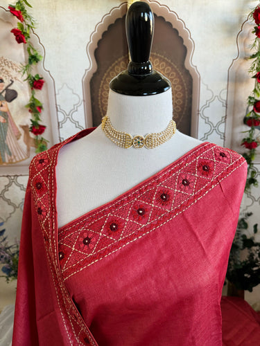 Lightweight Kutch Mirror Embroidery Pure Tussar Silk Saree | Shade of Light Vermillion Red | Hand Embroidery | Ships from California